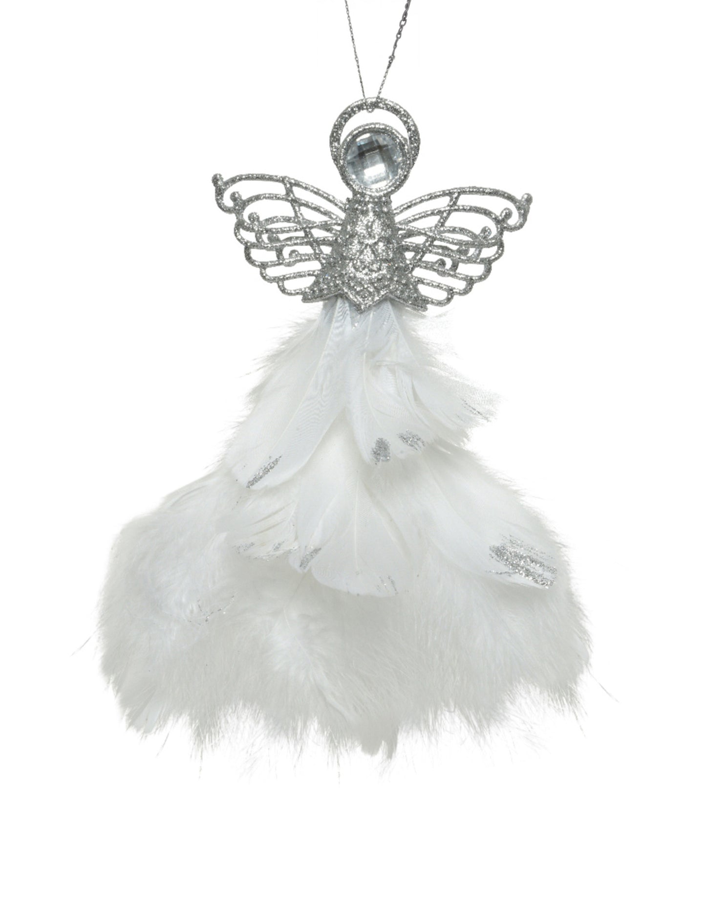 Suspension ange argenté et plumes blanches