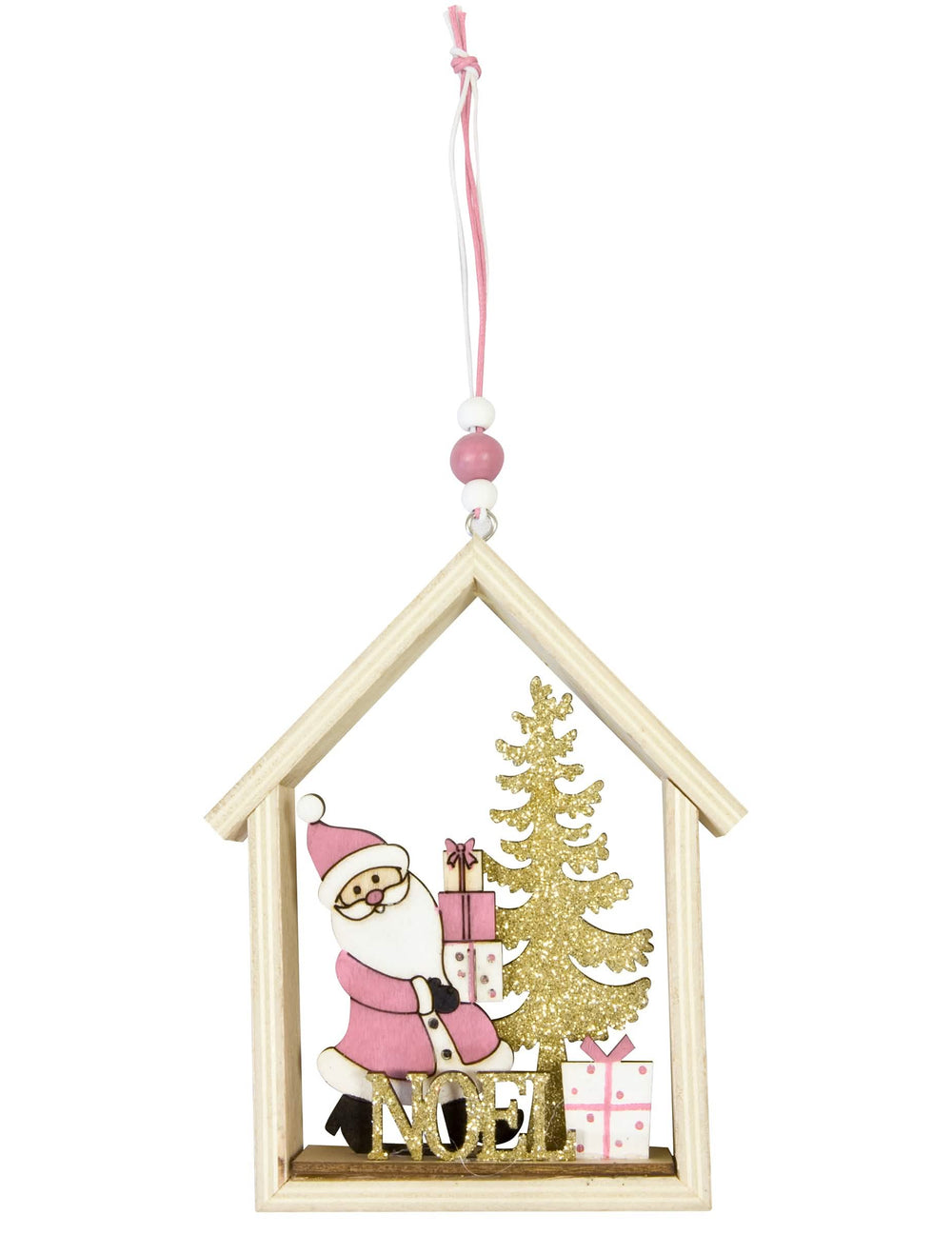 Suspensão em madeira casa do pai natal para natal cor de rosa e dourado com lantejoulas