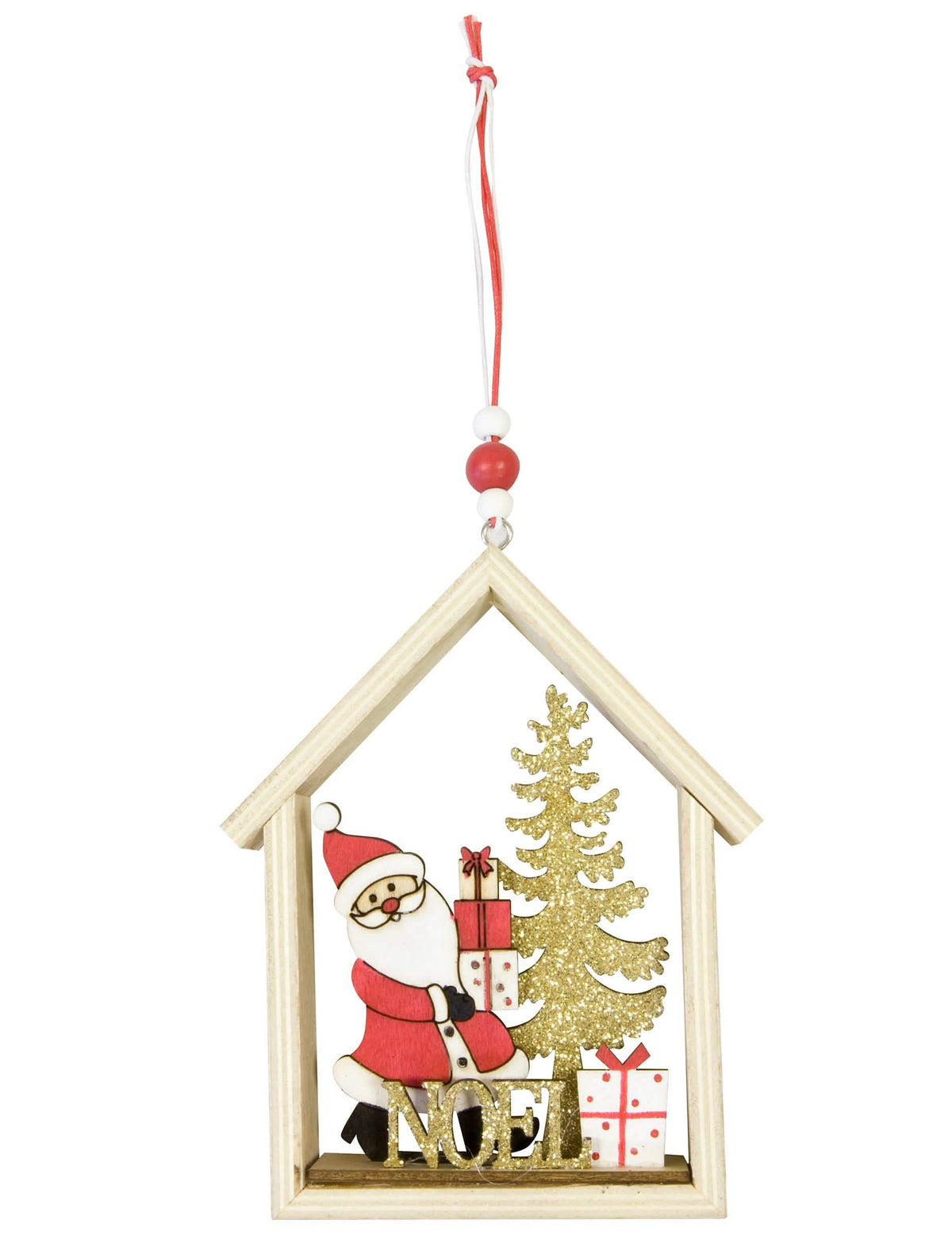 Suspension en bois Père Noël dans sa maison pour sapin rouge et doré
