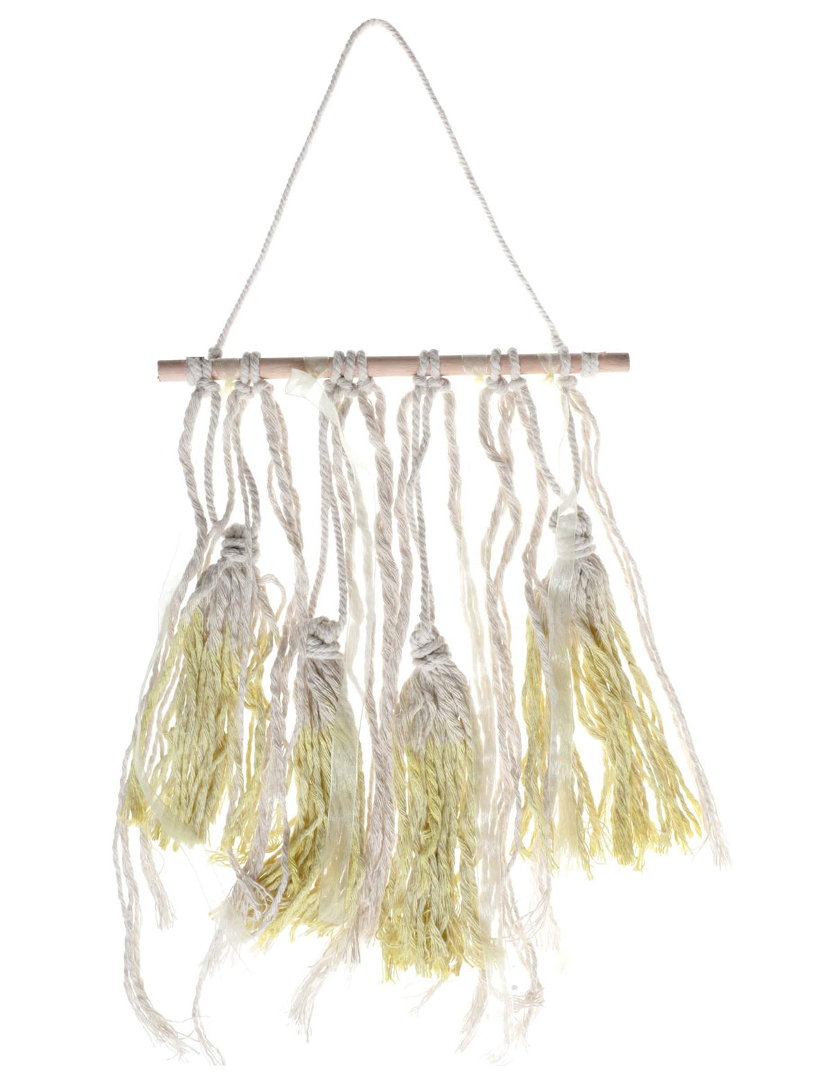 Suspensão em madeira decoração boémia para casamento amarelo com pompons