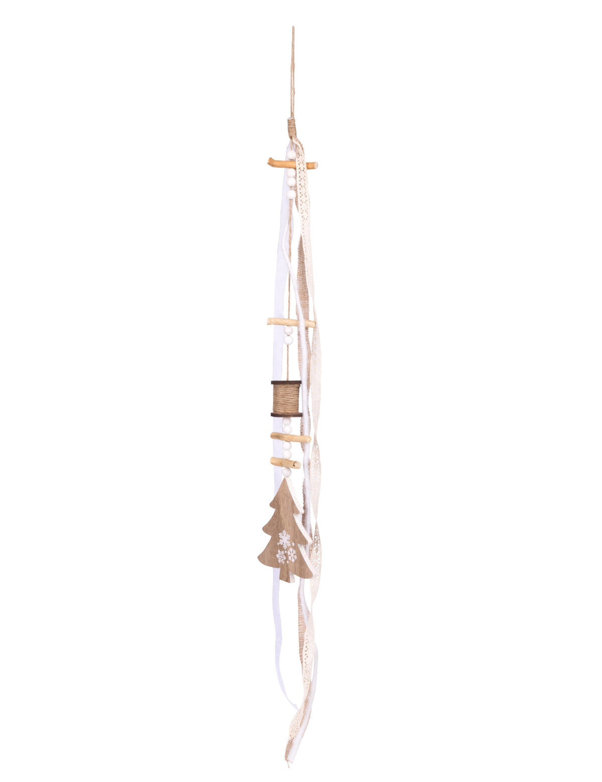 Suspension en bois sapin style chalet pour décoration de fête beige et blanc avec jute et dentelle