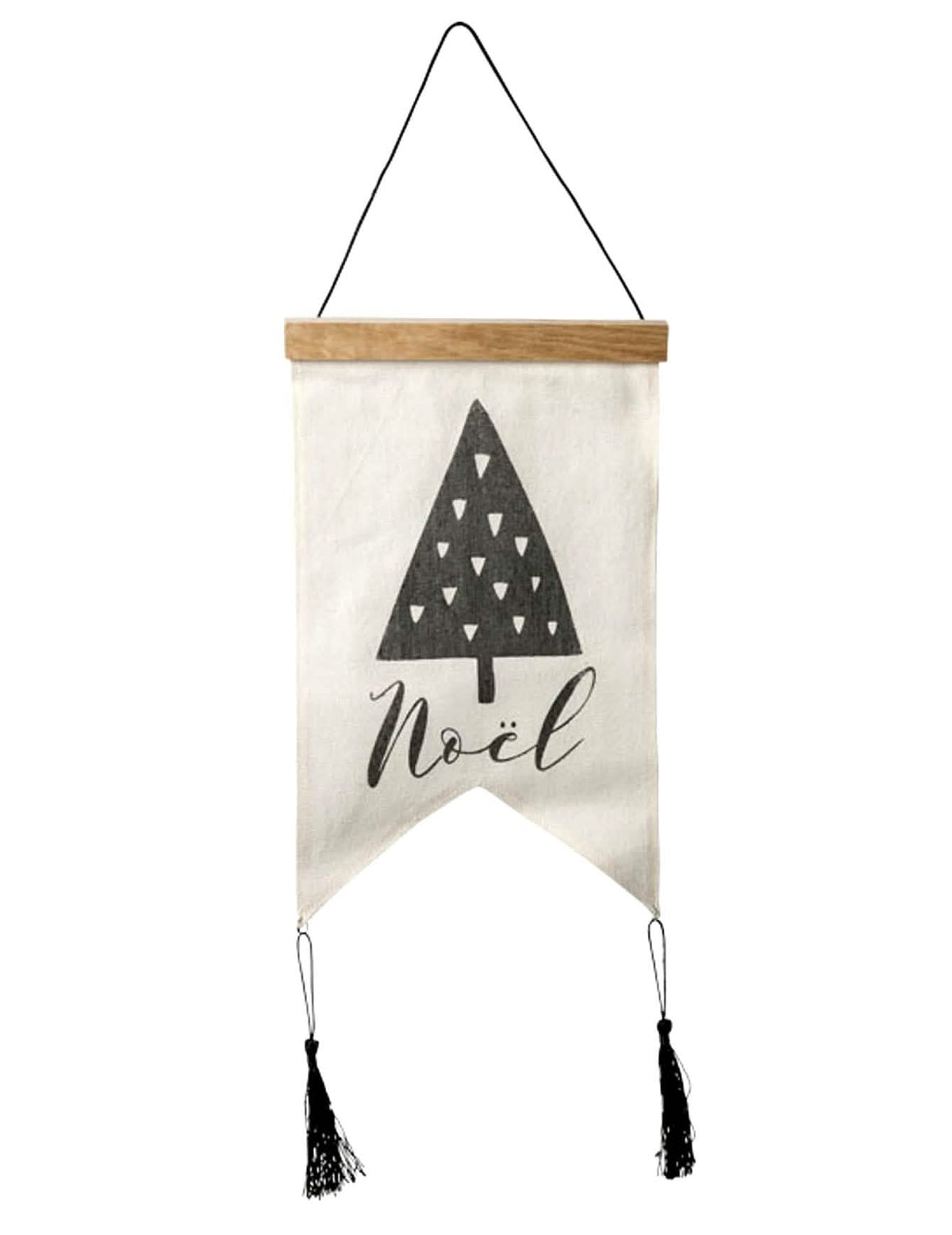 Tecido de linho natal gráfico para decoração branco e preto com pompons