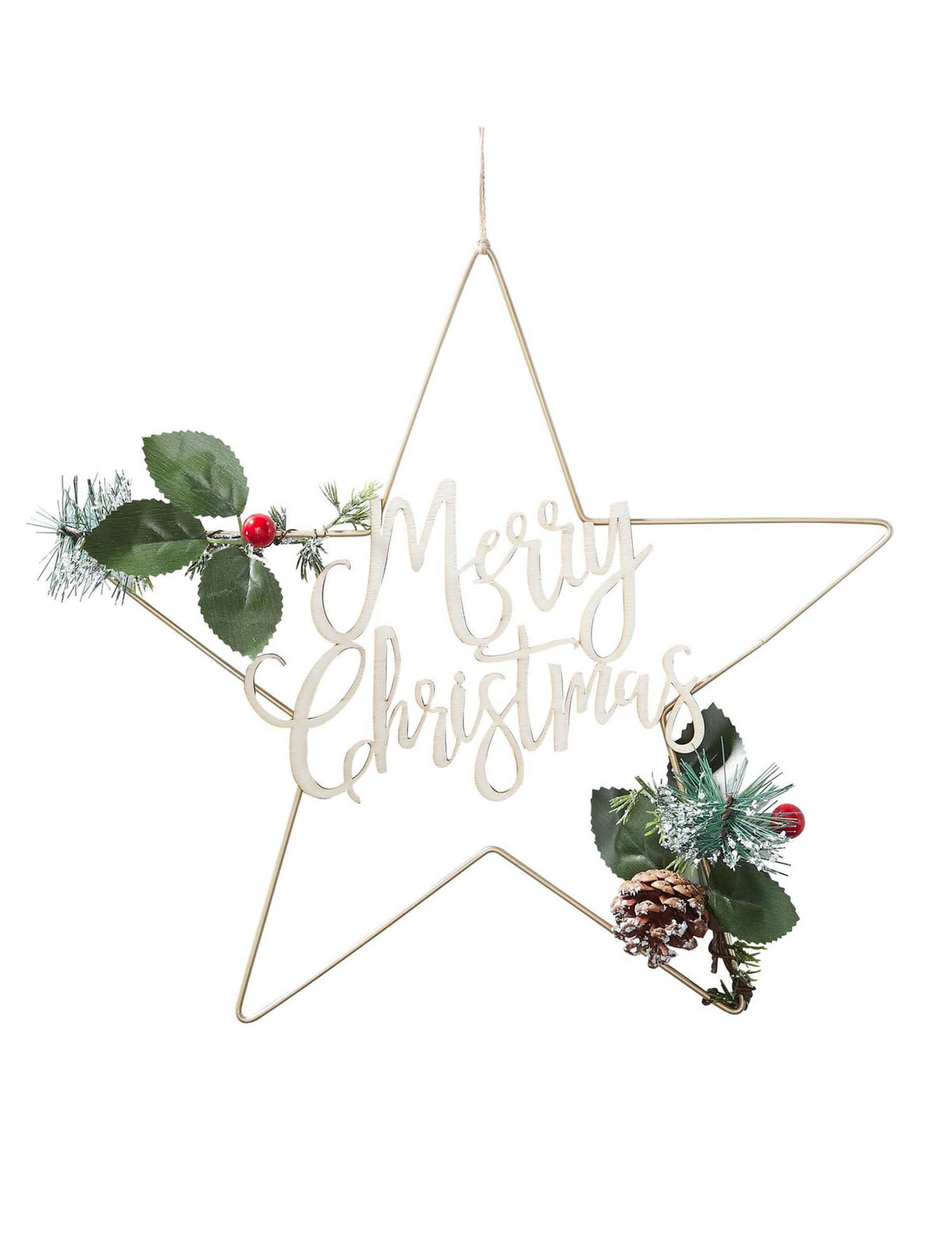 Suspensão em metal estrela Merry Christmas para árvore de natal dourada com pinha e azevinho