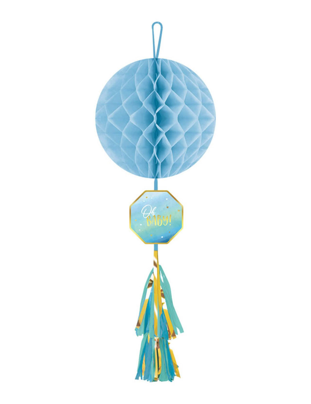 Suspensão em papel alveolado Oh Baby para baby shower azul e dourado com tassel