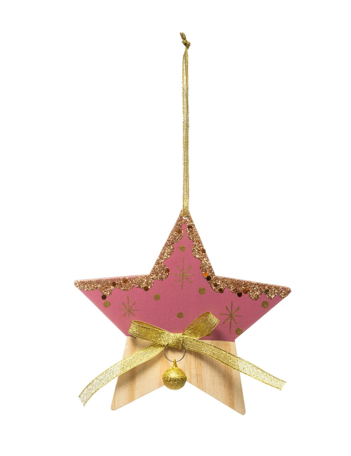 Suspensão estrela para decoração cor de rosa e madeira com motivos dourados