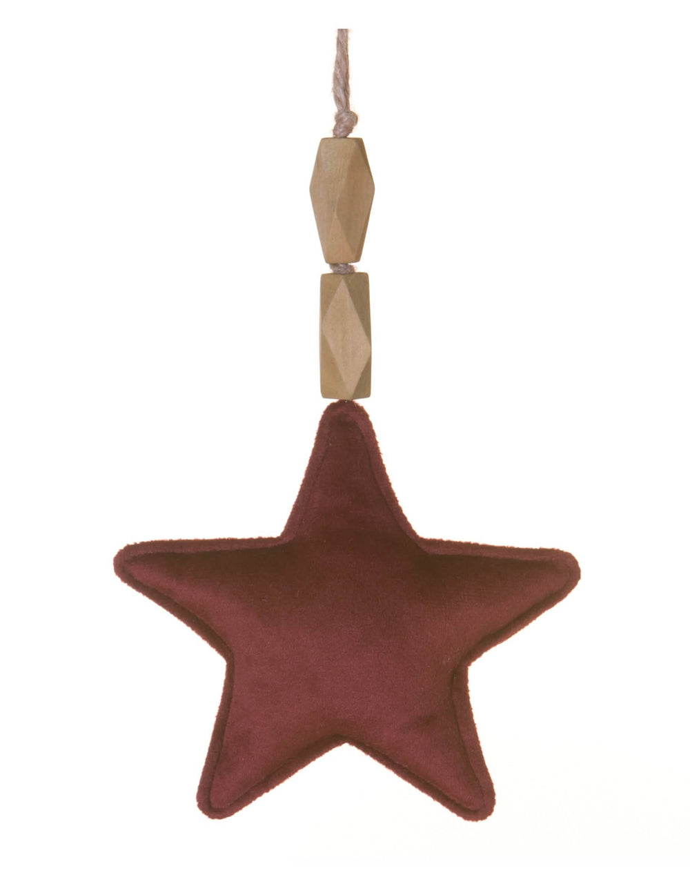 Suspensão estrela para árvore de Natal bordeaux em veludo com pérolas em madeira