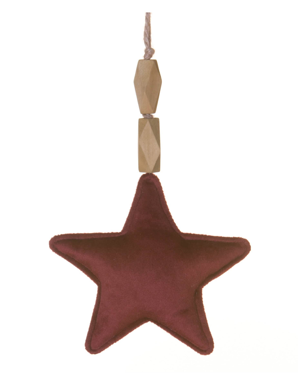 Suspensão estrela para árvore de Natal bordeaux em veludo com pérolas em madeira