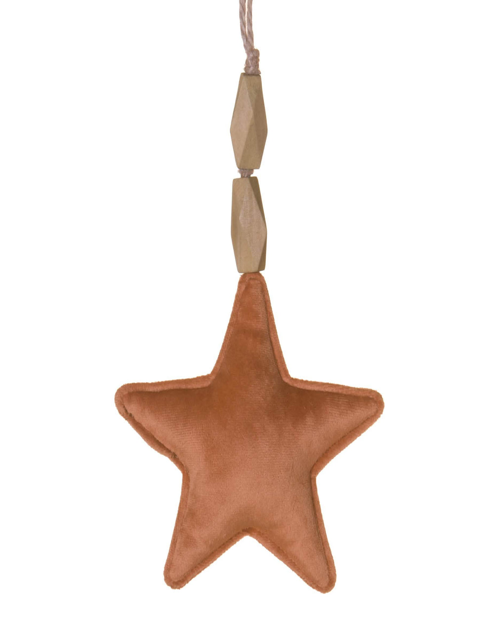 Suspensão estrela em veludo para decoração terracota com cordel e contas de madeira