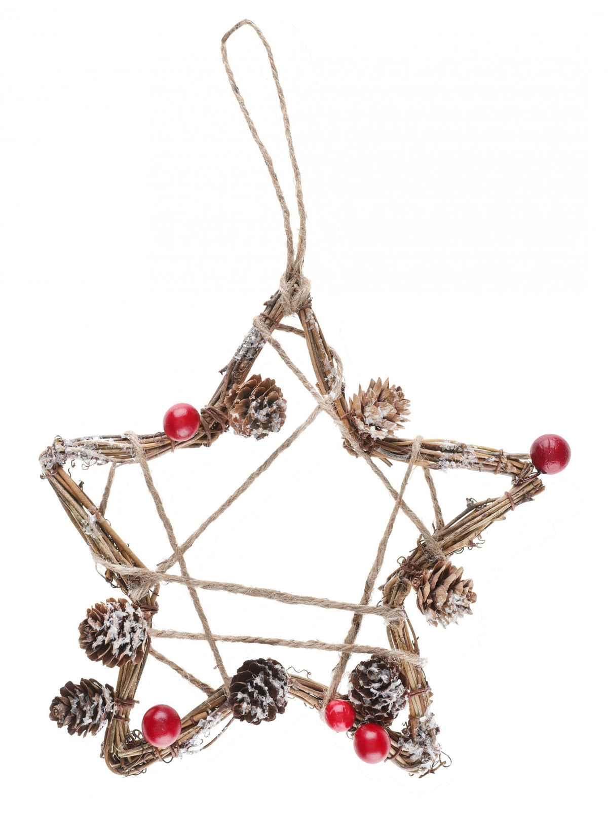 Suspension étoile naturelle en bois pour décoration avec baies rouges et pommes de pin