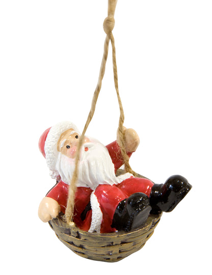 Suspension père Noël dans son panier pour sapin en résine rouge et blanc