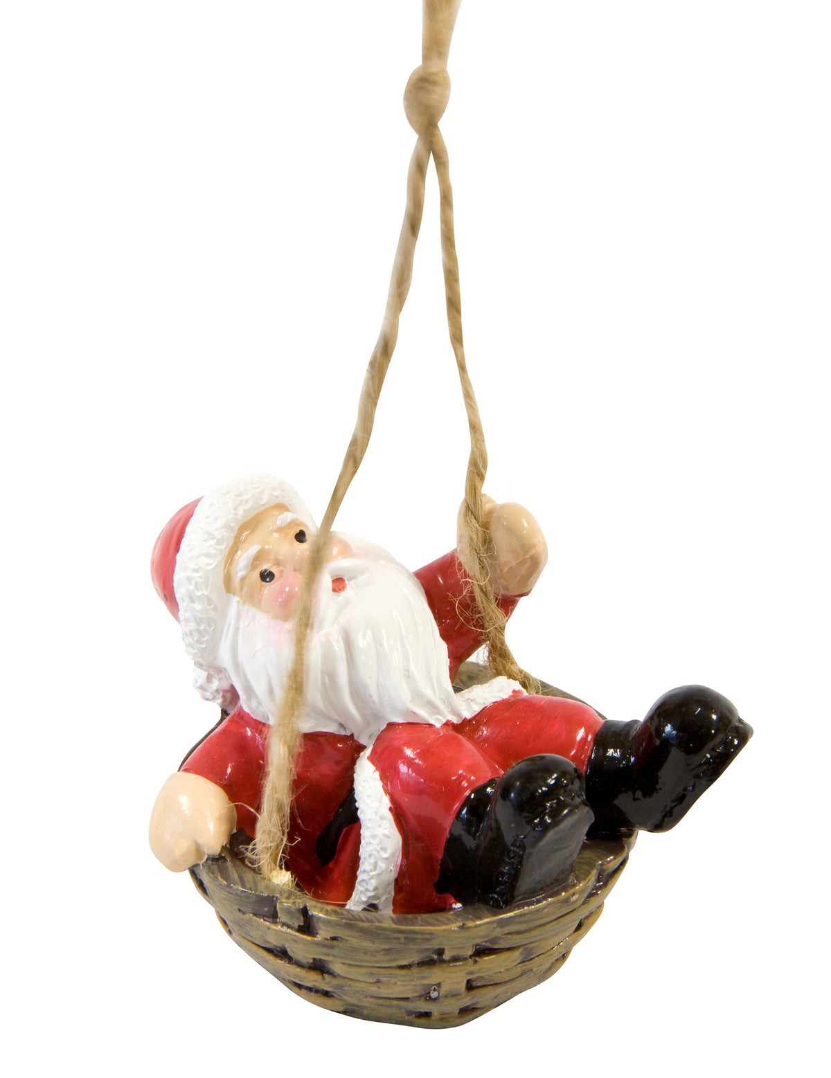 Suspension père Noël dans son panier pour sapin en résine rouge et blanc