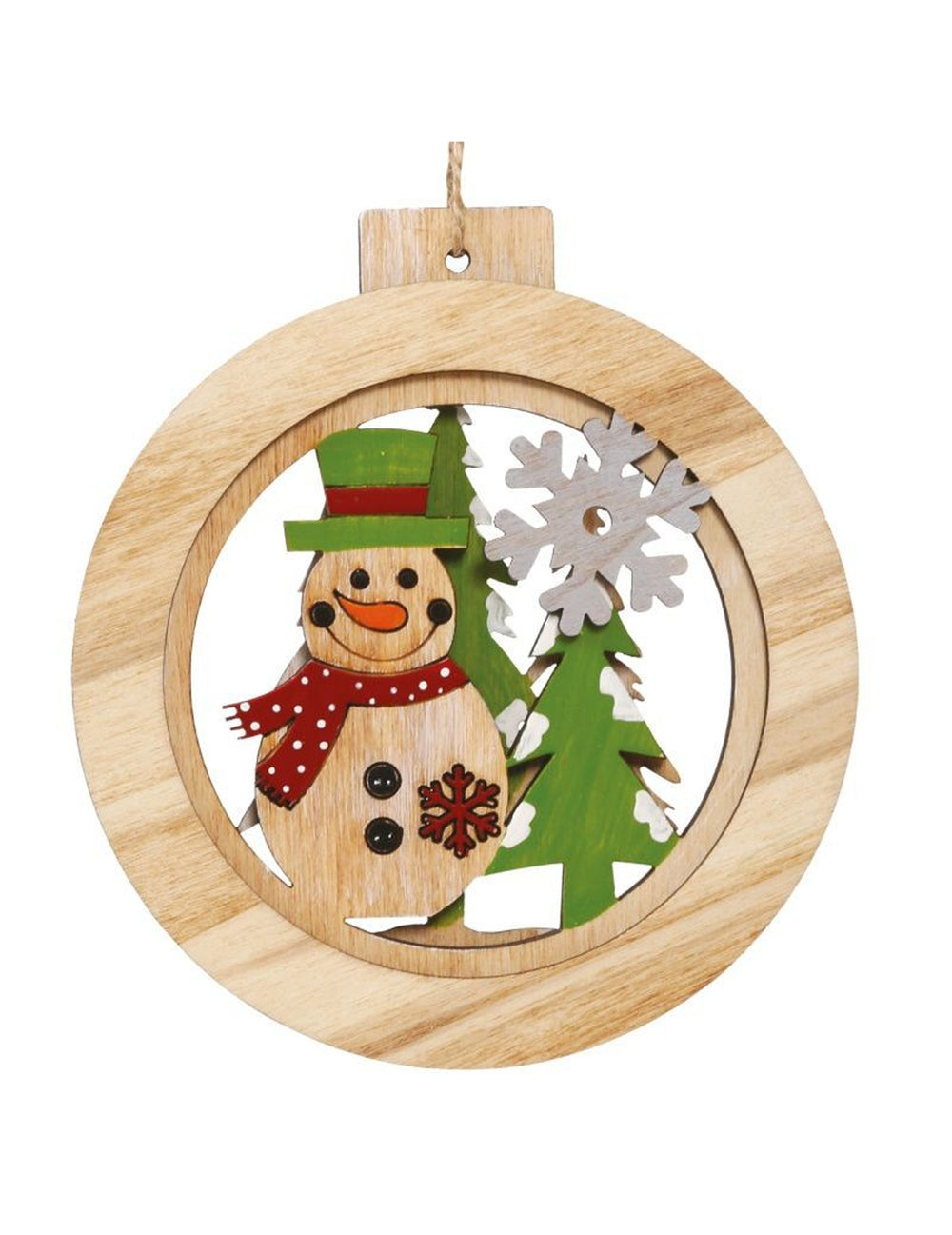 Suspension ronde en bois bonhomme de neige pour sapin avec chapeau vert et écharpe rouge