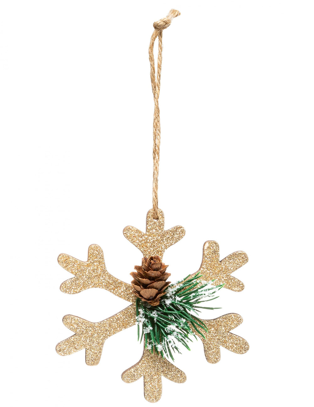 Suspension flocon pour sapin doré nature avec pomme de pin