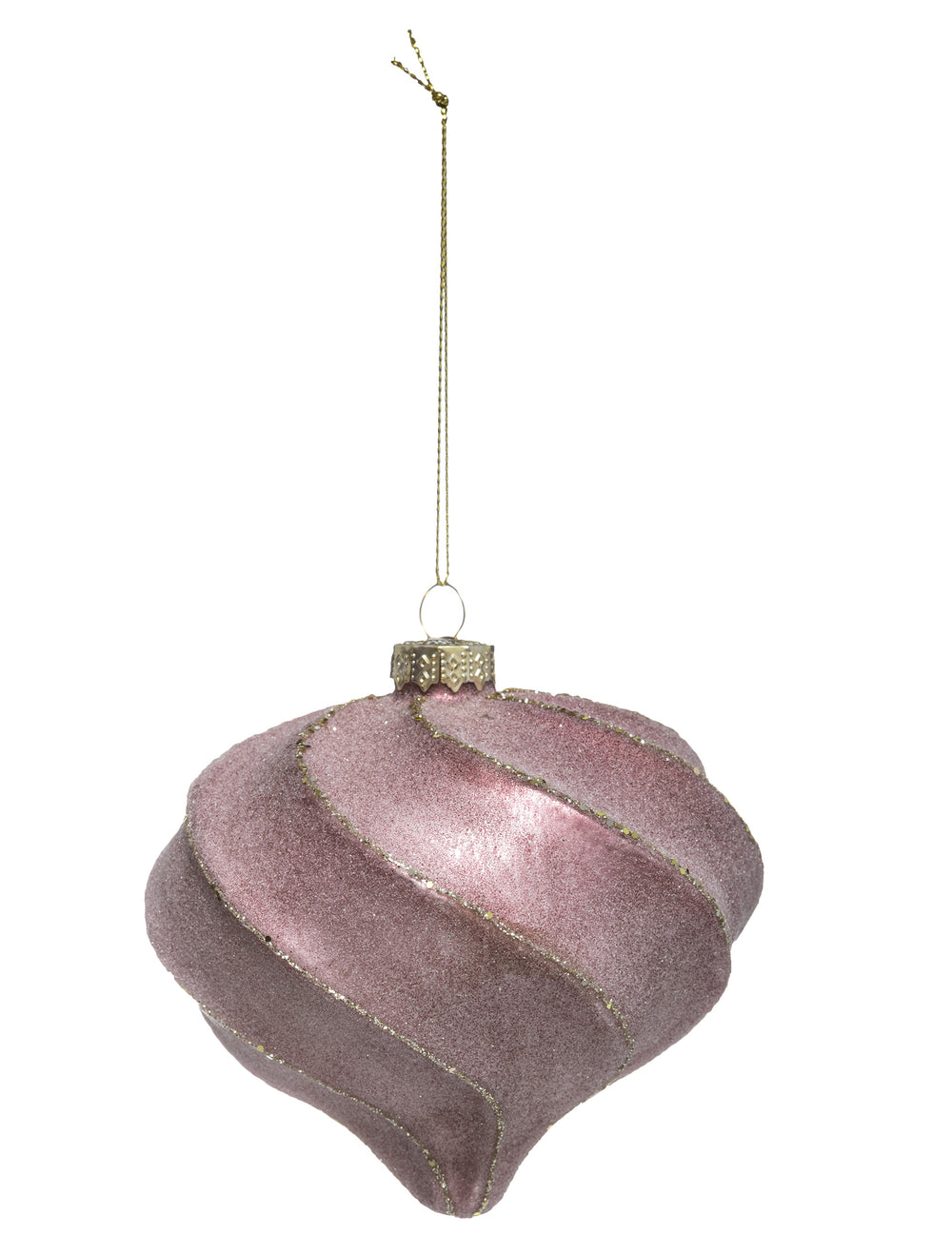 Boule de noël forme goutte et spirales rose et or pailletée