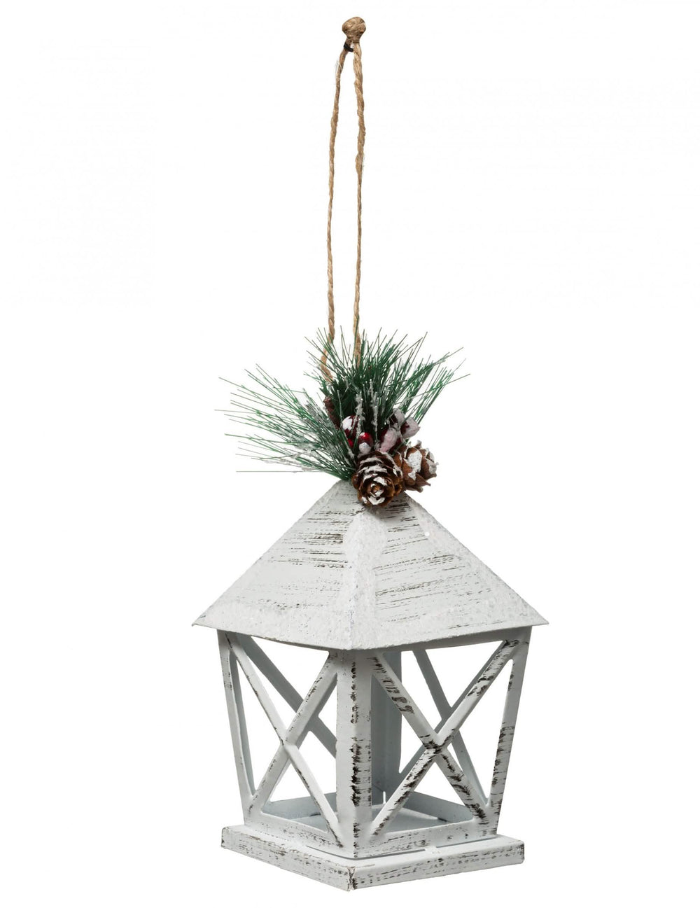 Suspensão para árvore de natal lanterna branca em metal com pinhas