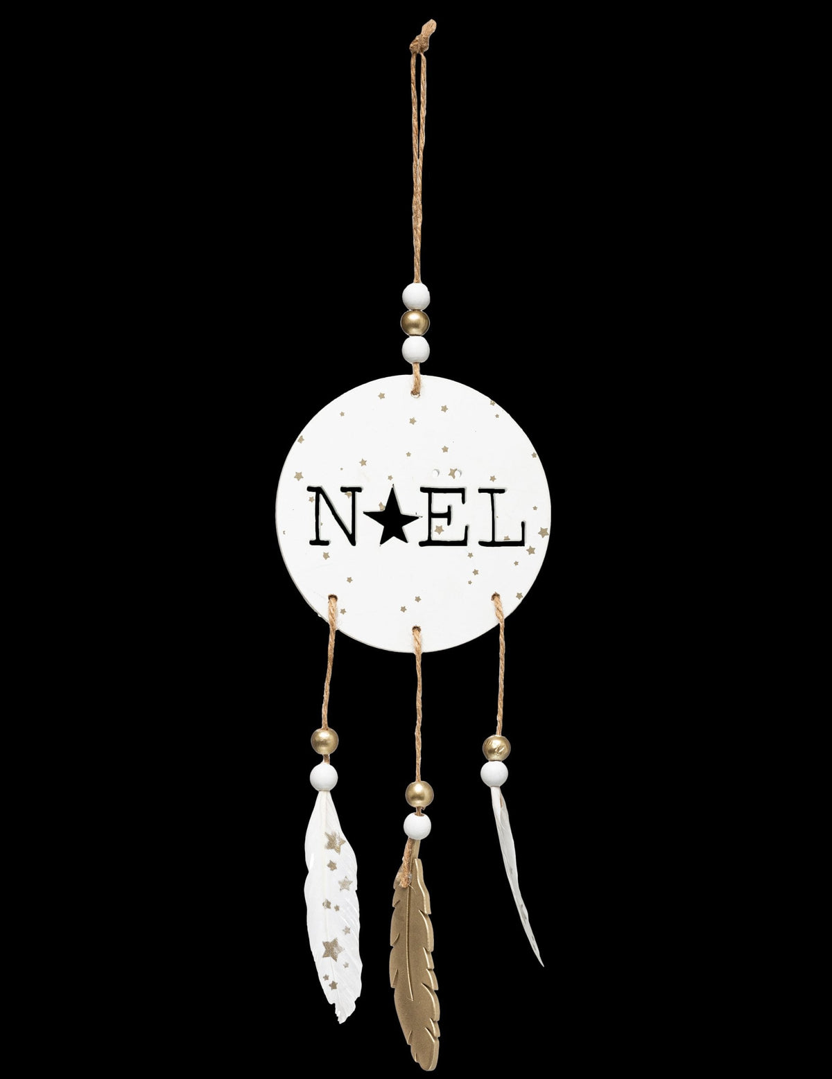 Suspension en bois Noël boho et plumes pour décoration blanc et doré