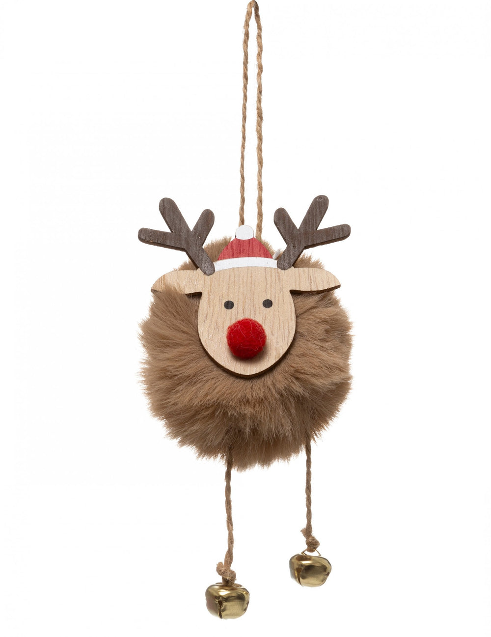 Suspension renne de Noël pompon marron avec nez rouge et grelots dorés