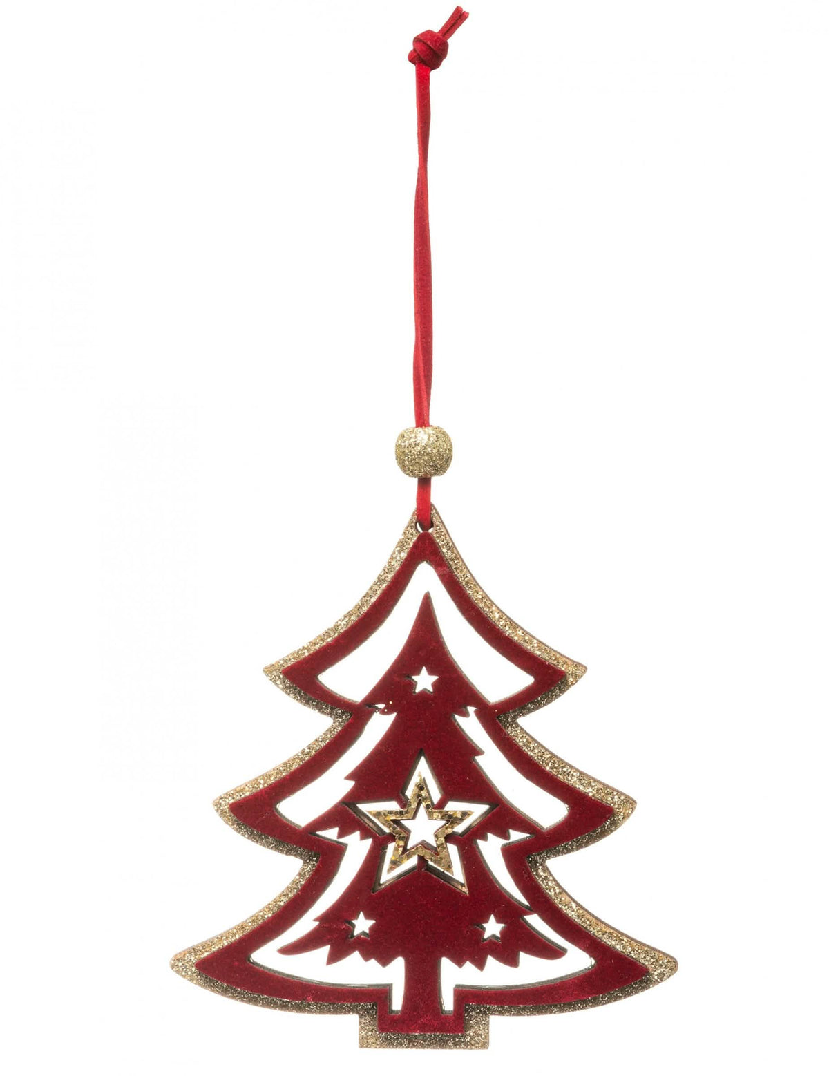Suspensão de árvore de Natal vermelho e dourado com fita