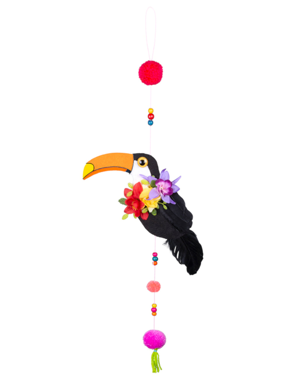Suspension toucan avec pompons multicolore avec fleurs exotiques