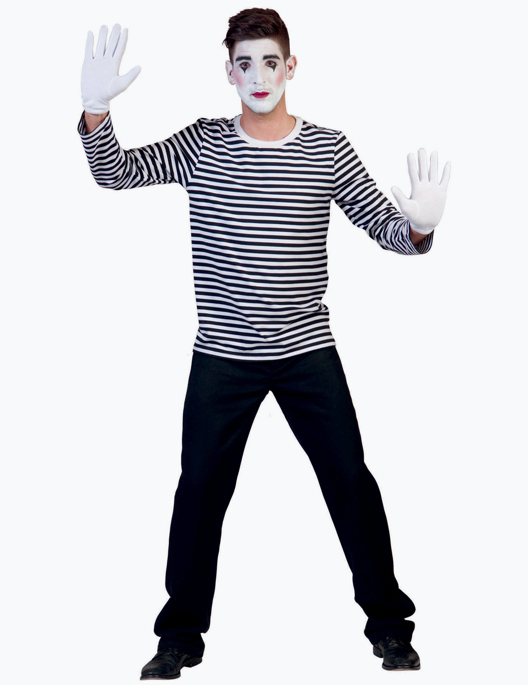 Mise en situation avec maquillage et gants blancs du t-shirt à manches longues mime pour adulte