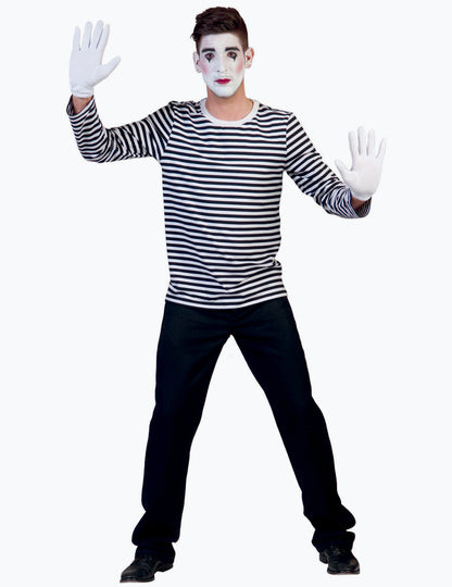Mise en situation avec maquillage et gants blancs du t-shirt à manches longues mime pour adulte