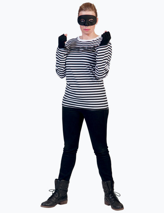 Mise en situation avec masque et menottes du t-shirt à manches longues mime pour adulte