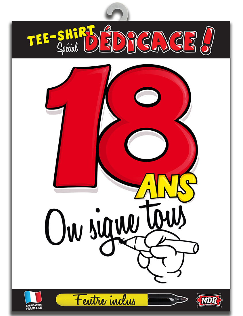 T-shirt 18 ans pour adulte blanc avec chiffre rouge et feutre inclus
