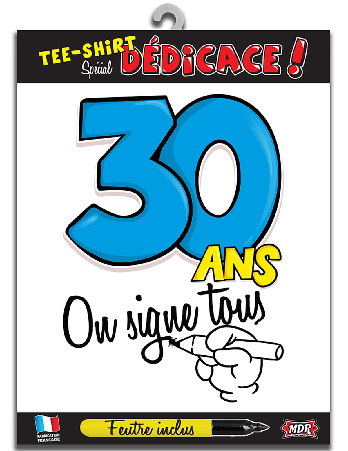 T-shirt Idade 30 anos para adulto branco com o número 30 azul