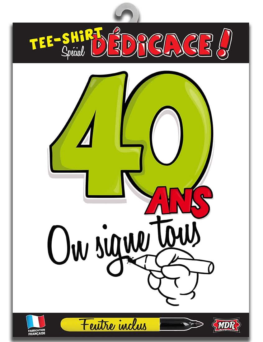 T-shirt Idade 40 anos para adulto branco com inscrição 40 anos e feutro incluído