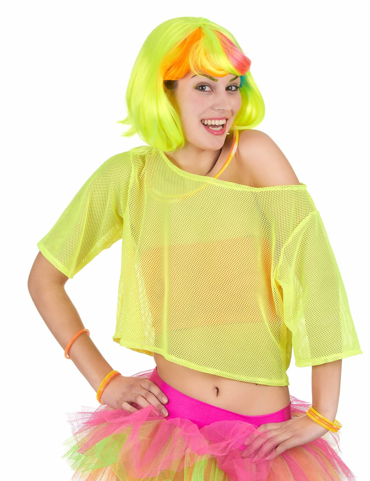 T-shirt curto em rede anos 80 para mulher amarelo fluo