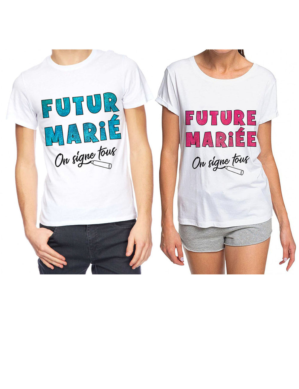 Versions Futur Marié et Future Mariée du T-shirt Enterrement de vie de garçon