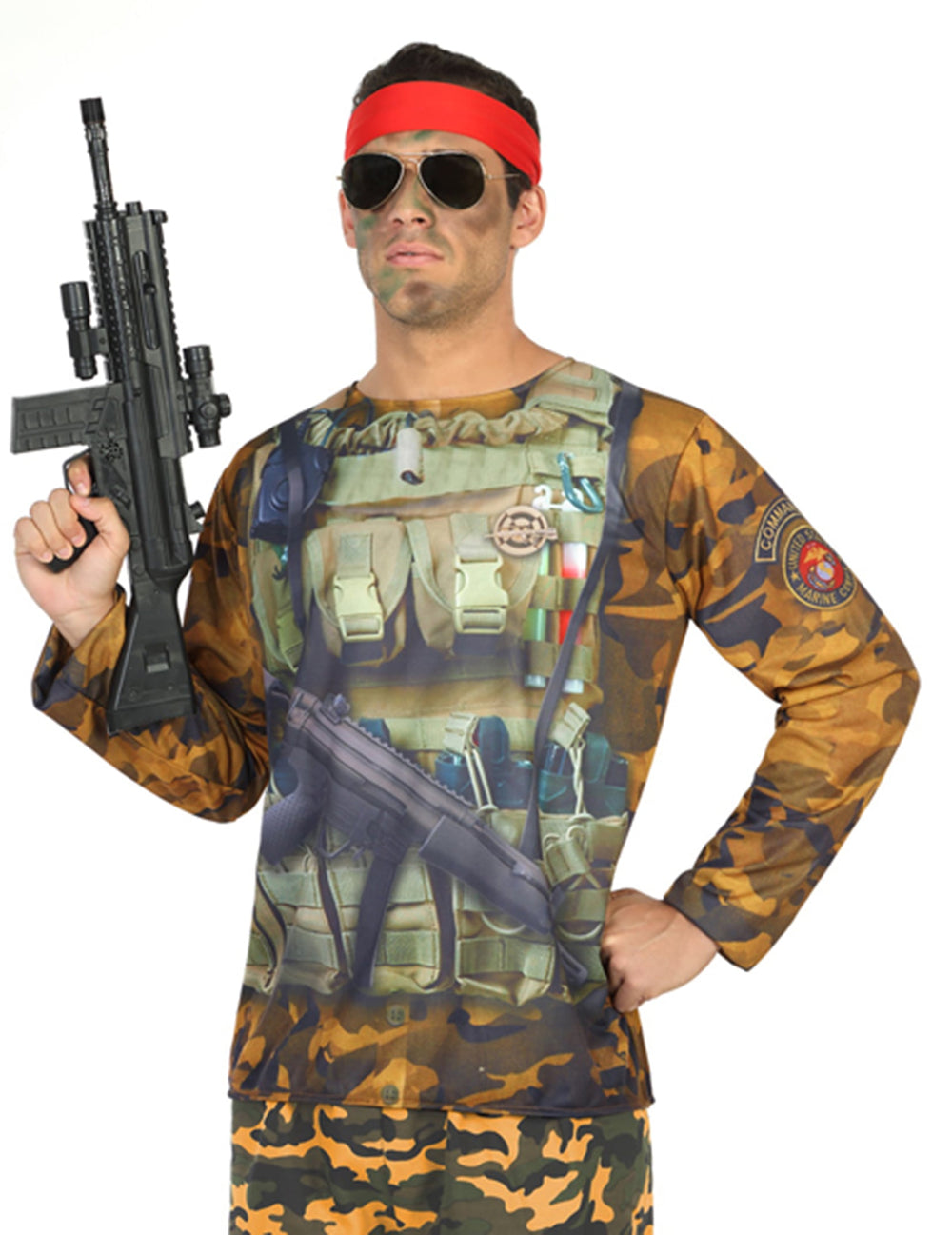 T-shirt militaire pour homme camouflage avec imprimé gilet tactique et bandeau rouge
