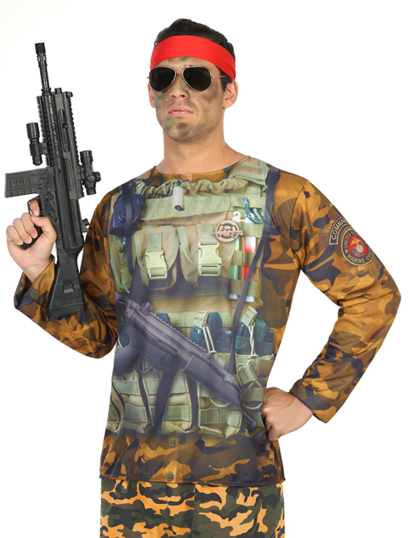 T-shirt militaire pour homme camouflage avec imprimé gilet tactique et bandeau rouge