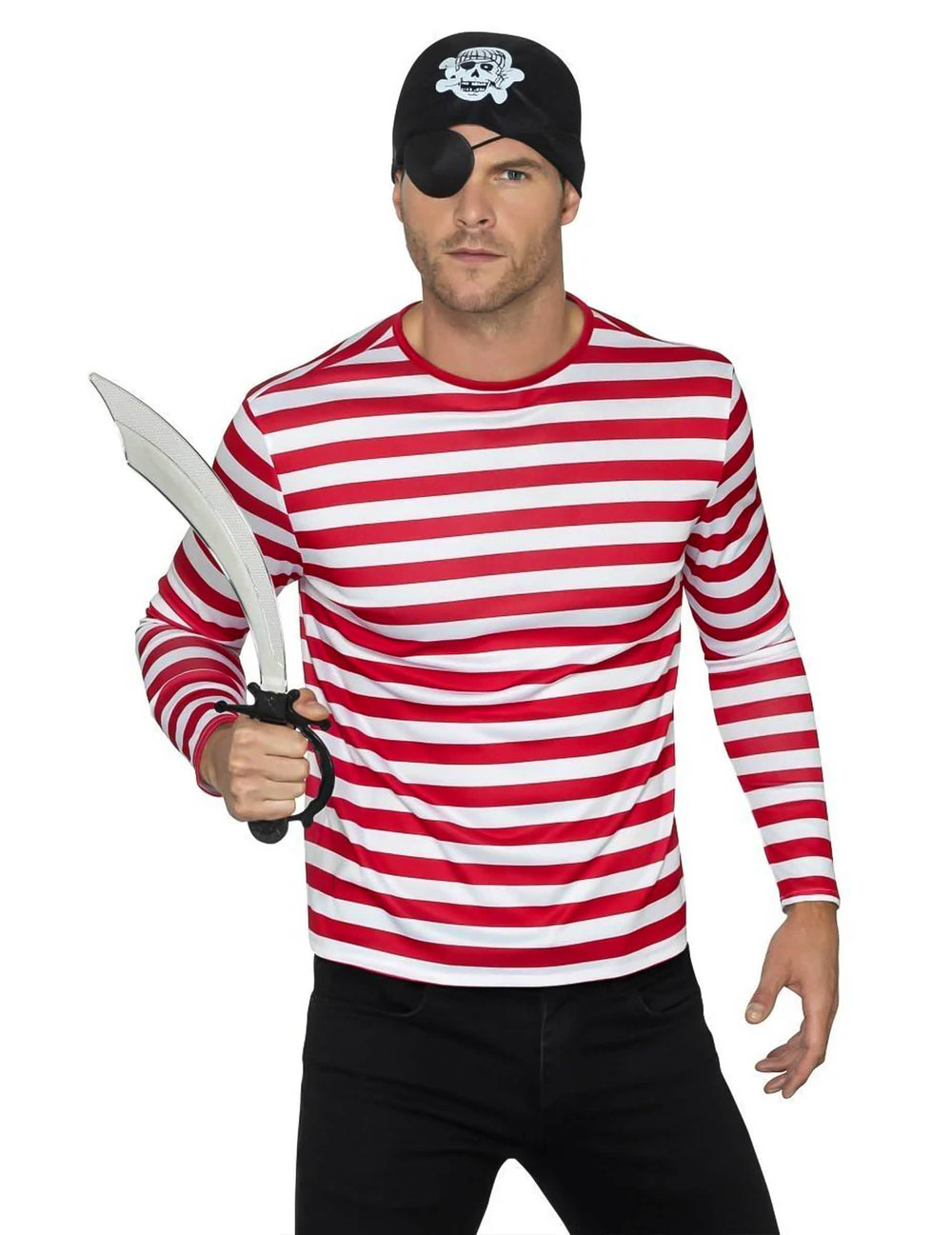 Vista com acessórios de pirata da t-shirt às riscas para adulto vermelho e branco de mangas compridas