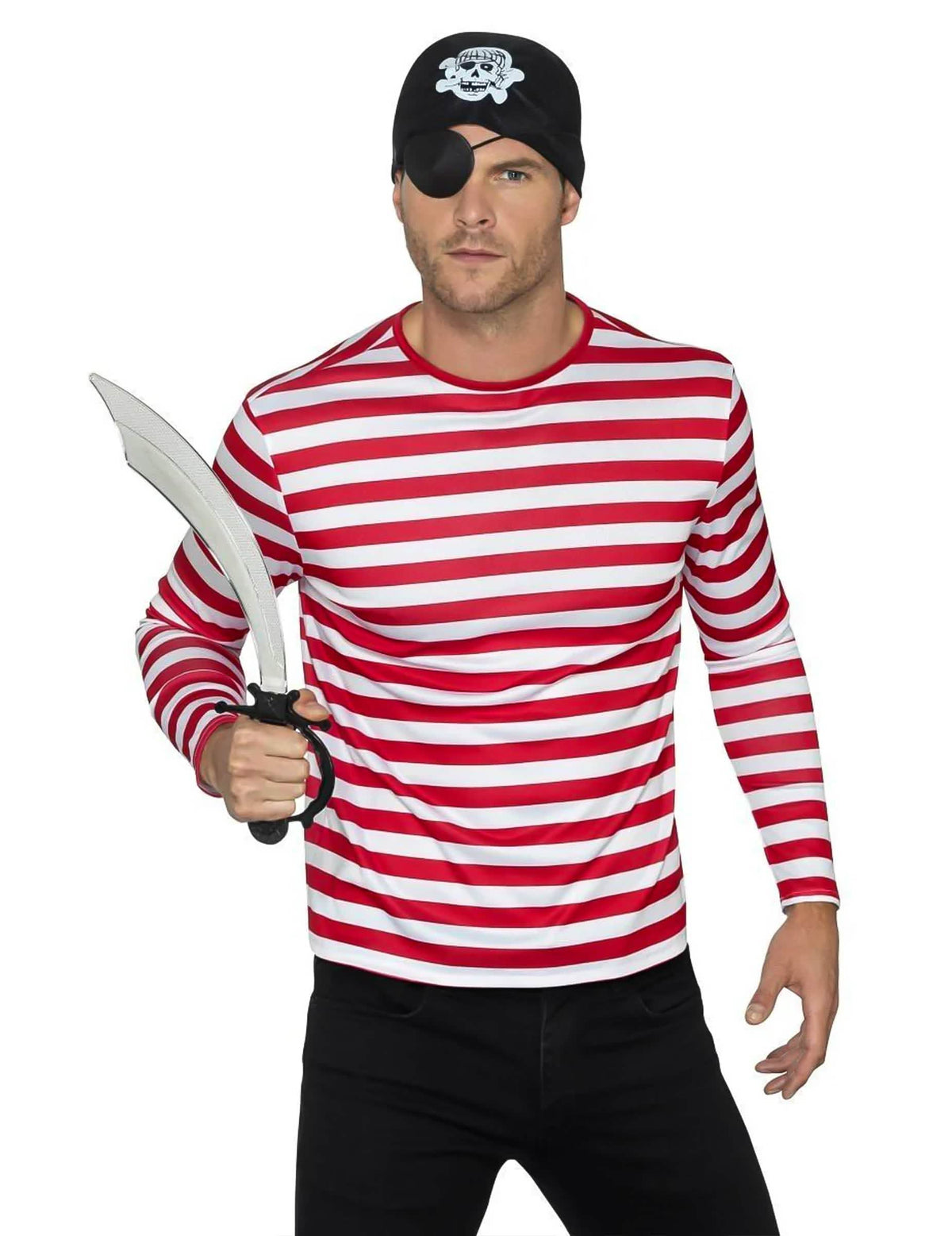 Vista com acessórios de pirata da t-shirt às riscas para adulto vermelho e branco de mangas compridas