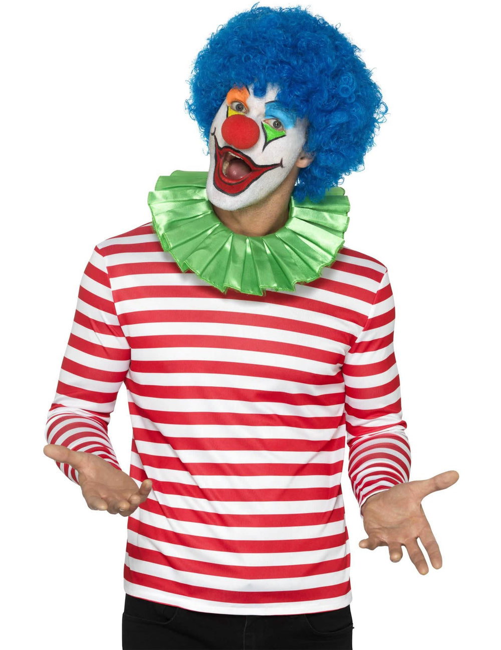 Vista com acessórios de palhaço da t-shirt às riscas para adulto vermelho e branco de mangas compridas