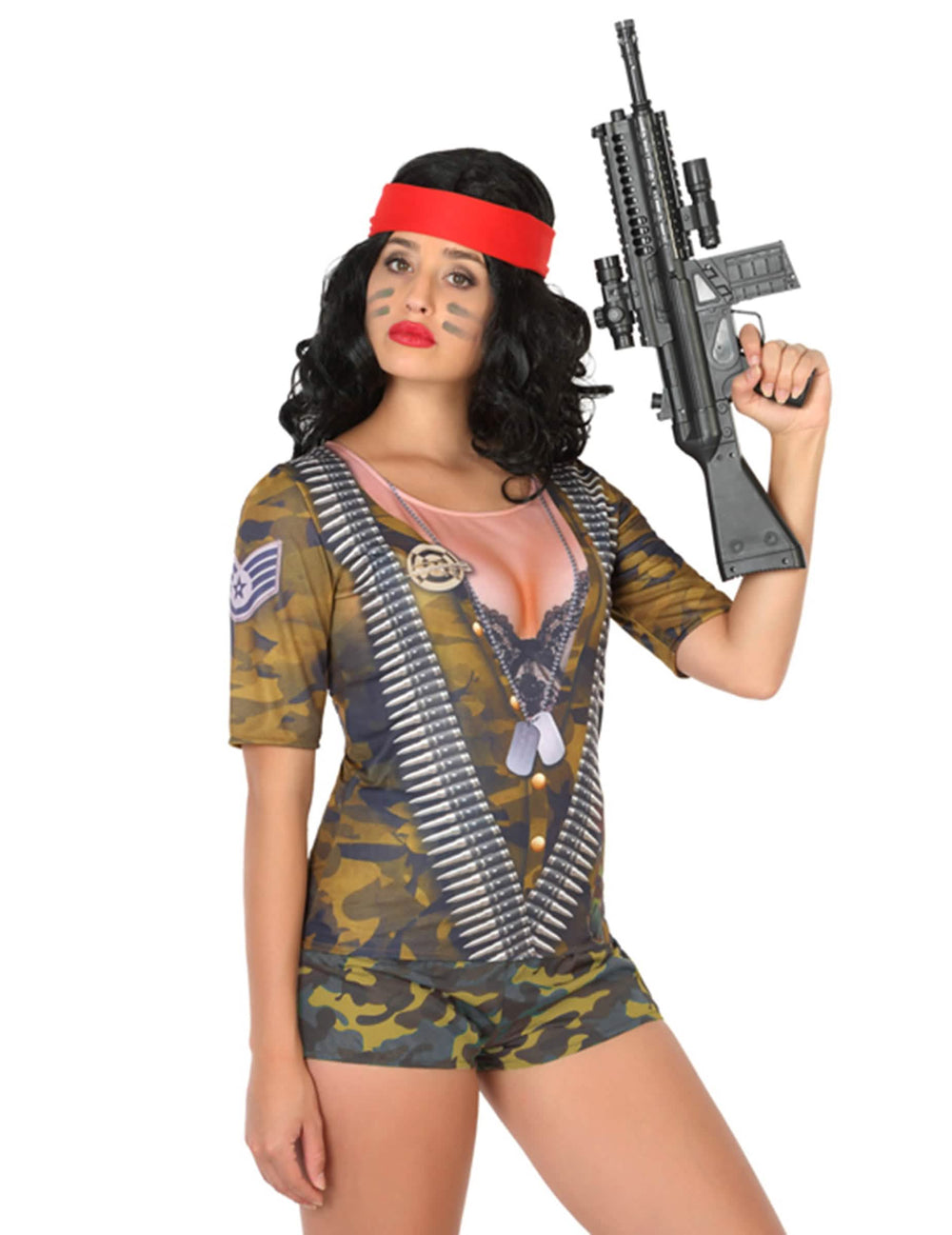 T-shirt de soldado para mulher camuflado com banda vermelha e estampado de munições