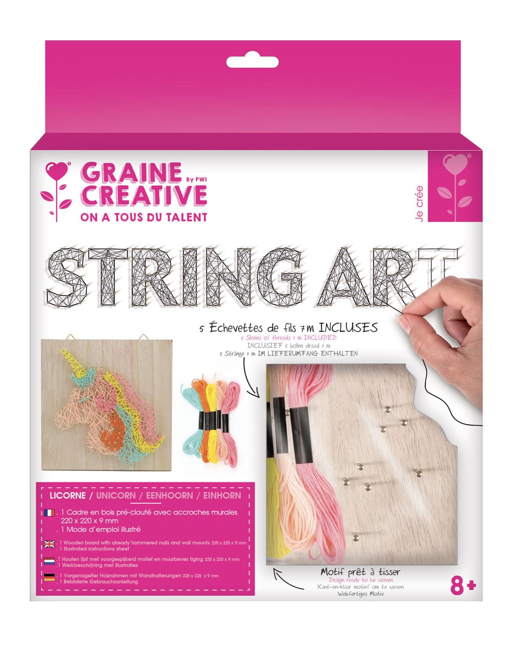 Vue de la boîte et du contenu du kit créatif tableau string art en bois licorne