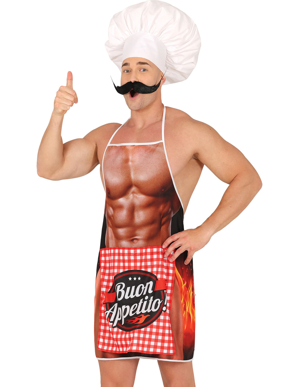 Vue de face avec toque et moustache du tablier barbecue coquin pour adulte