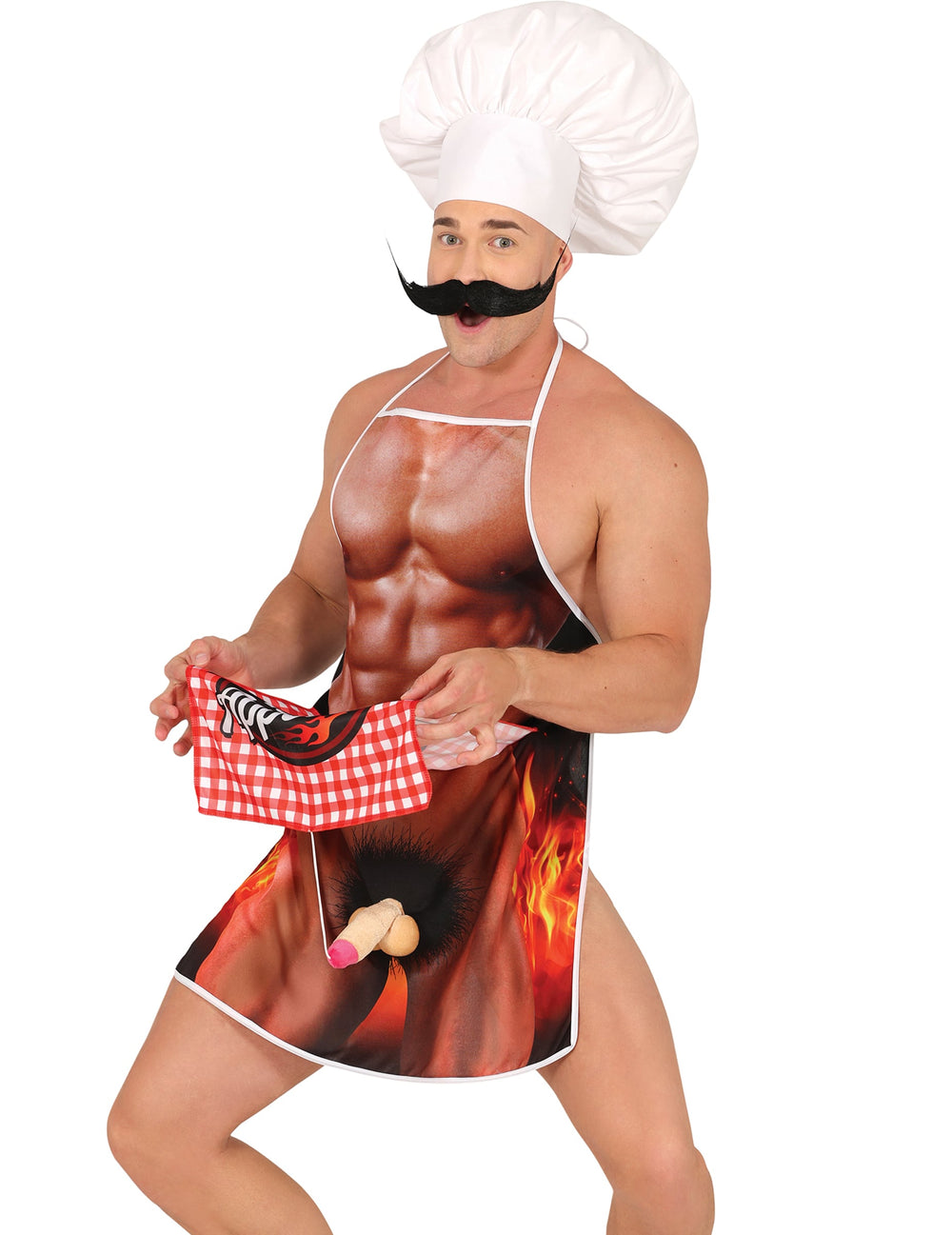 Détail du sexe en relief escamotable dévoilé du tablier barbecue coquin pour adulte