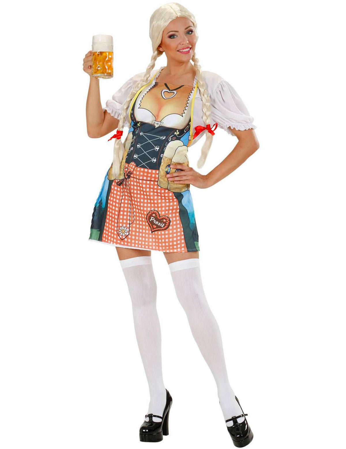 Avental bávaro para adulto com motivo dirndl e caneca de cerveja