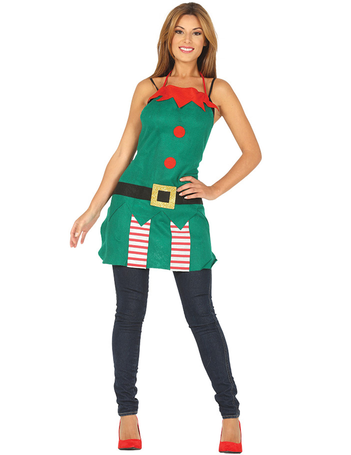 Tablier elfe de Noël pour adulte vert avec boutons rouges et ceinture noire