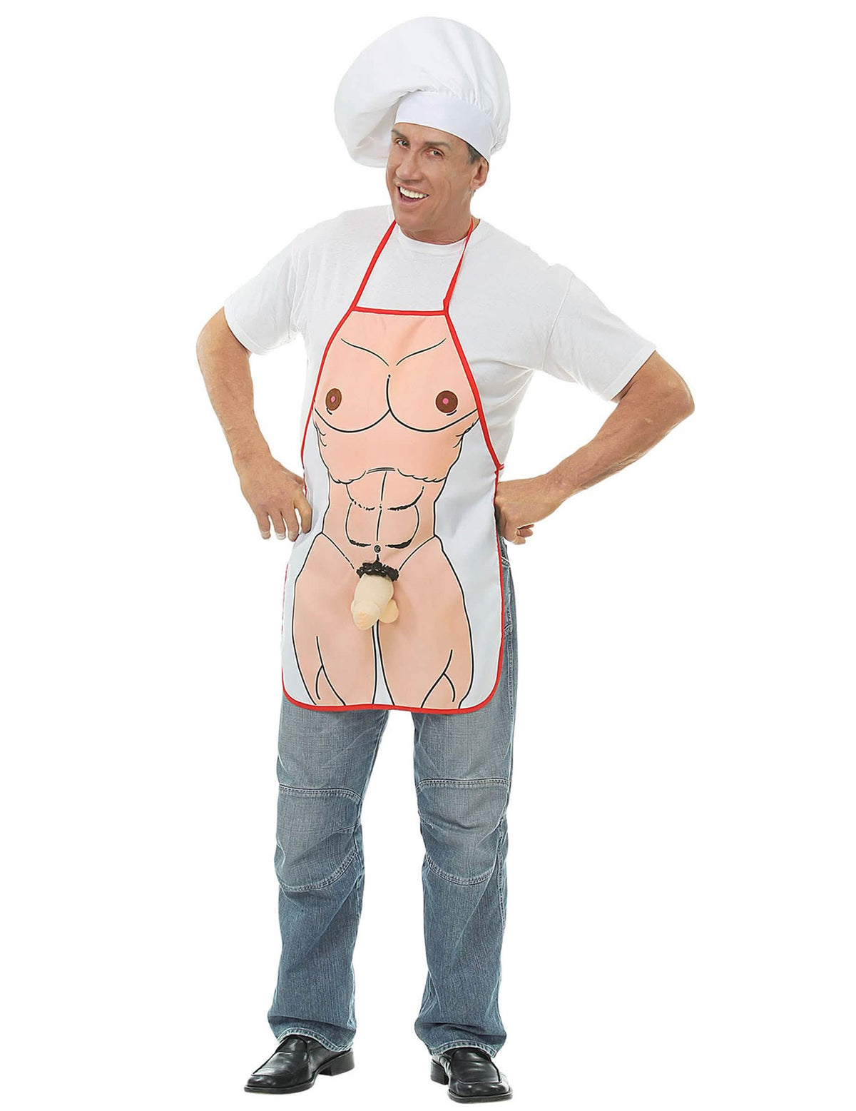 Avental sexy zizi para adulto branco com corpo musculado e relevo humorístico