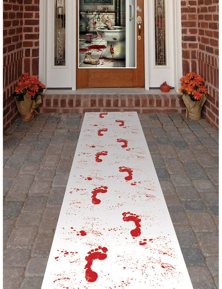 Tapis en intissé avec empreintes ensanglantées pour décoration d'Halloween blanc et rouge
