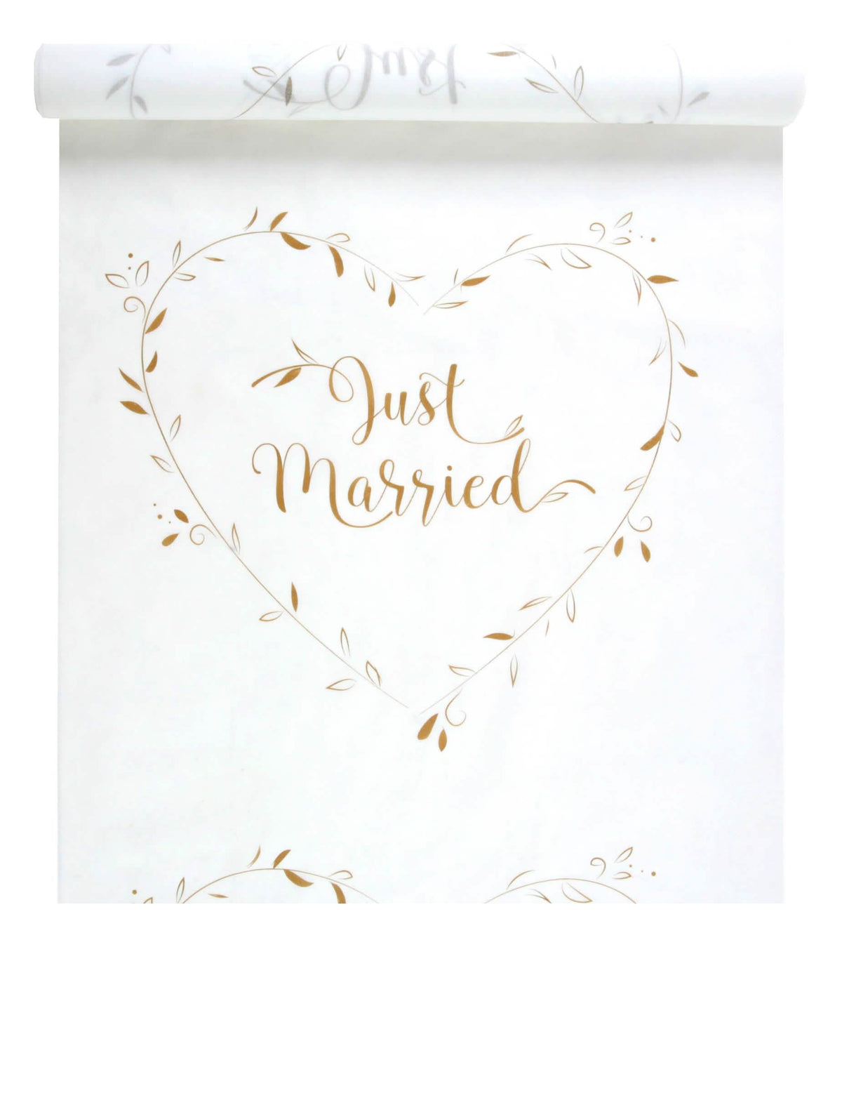 Tapis de cérémonie Just Married pour mariage blanc et or avec motif cœur feuillage