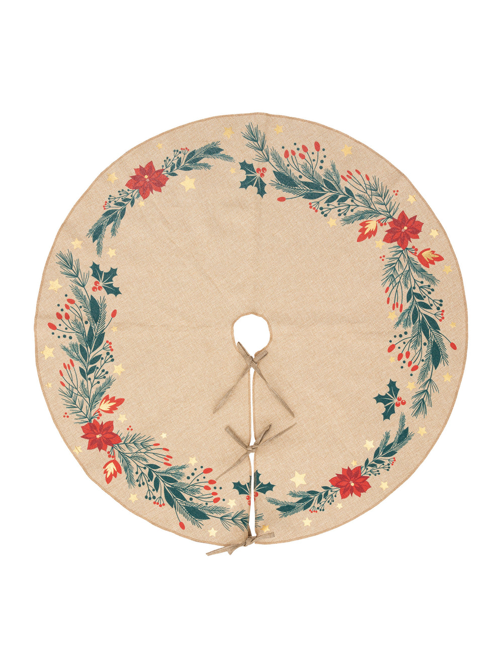 Tapis pour sapin poinsettia beige en polyester avec imprimés de houx et d'étoiles
