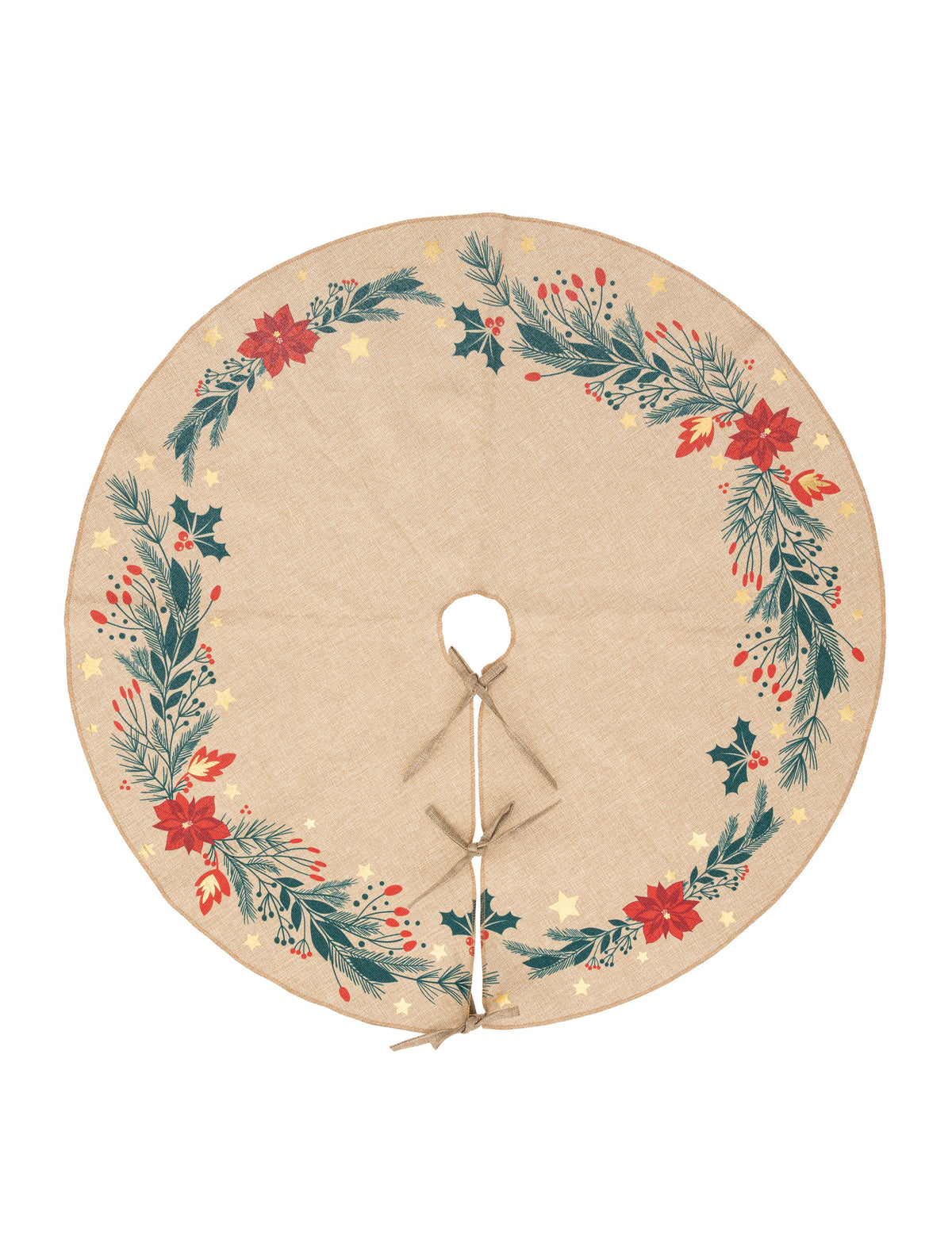 Tapis pour sapin poinsettia beige en polyester avec imprimés de houx et d'étoiles