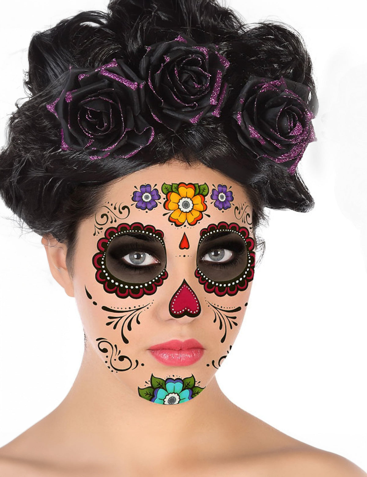 Tatouage visage Dia de los Muertos pour femme multicolore avec motifs de fleurs