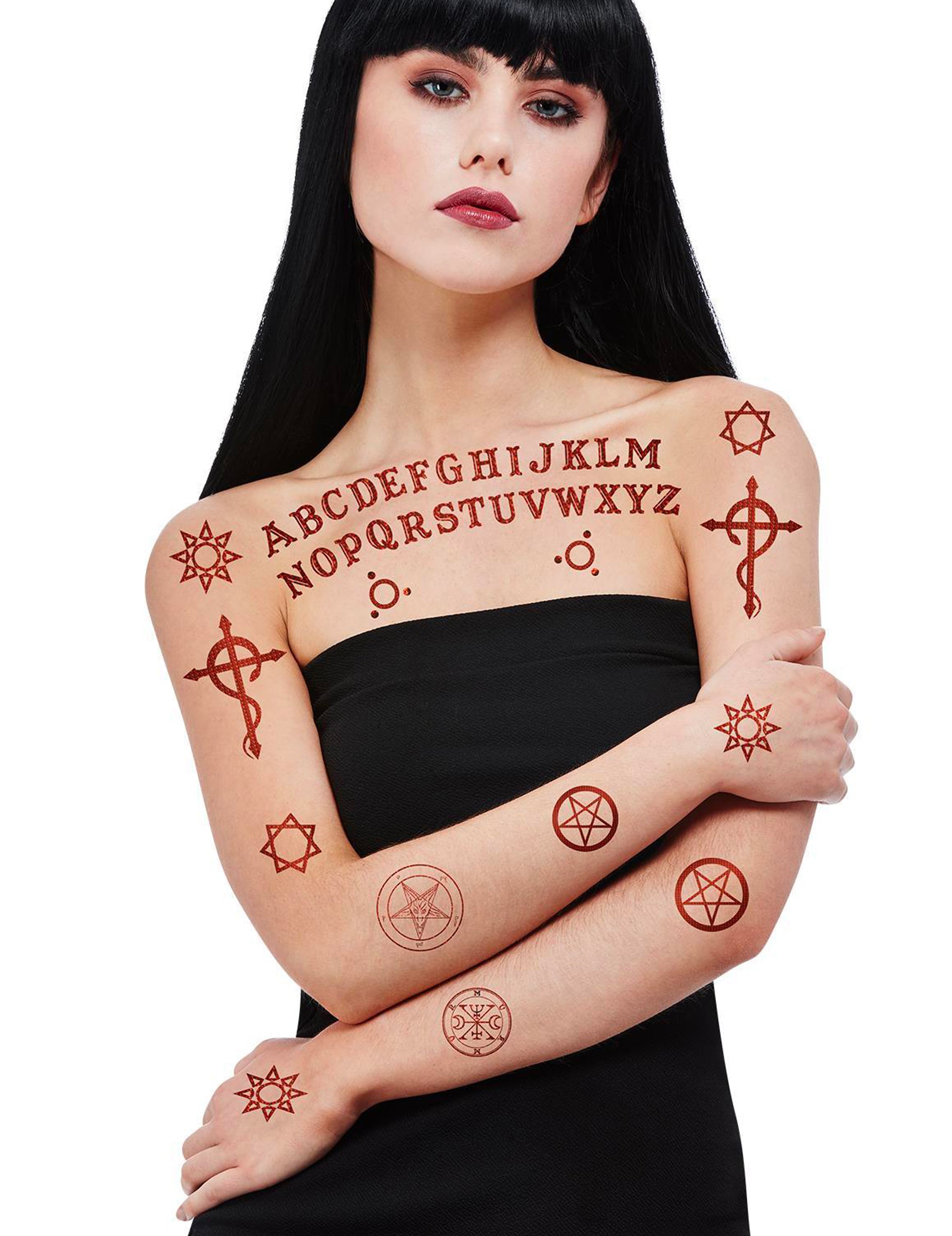 Tatouages ouija pour adulte rouges avec alphabet et symboles occultes