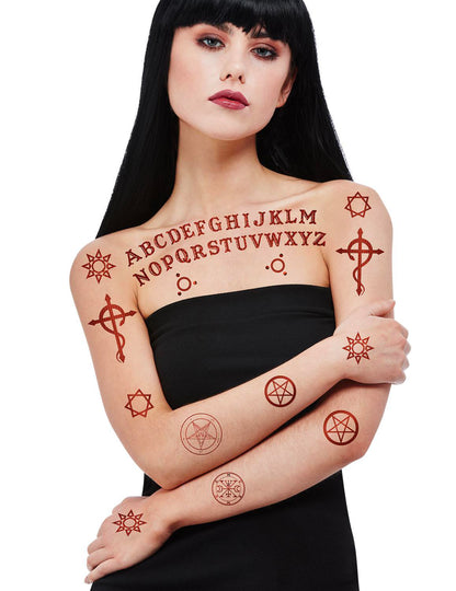 Tatouages ouija pour adulte rouges avec alphabet et symboles occultes